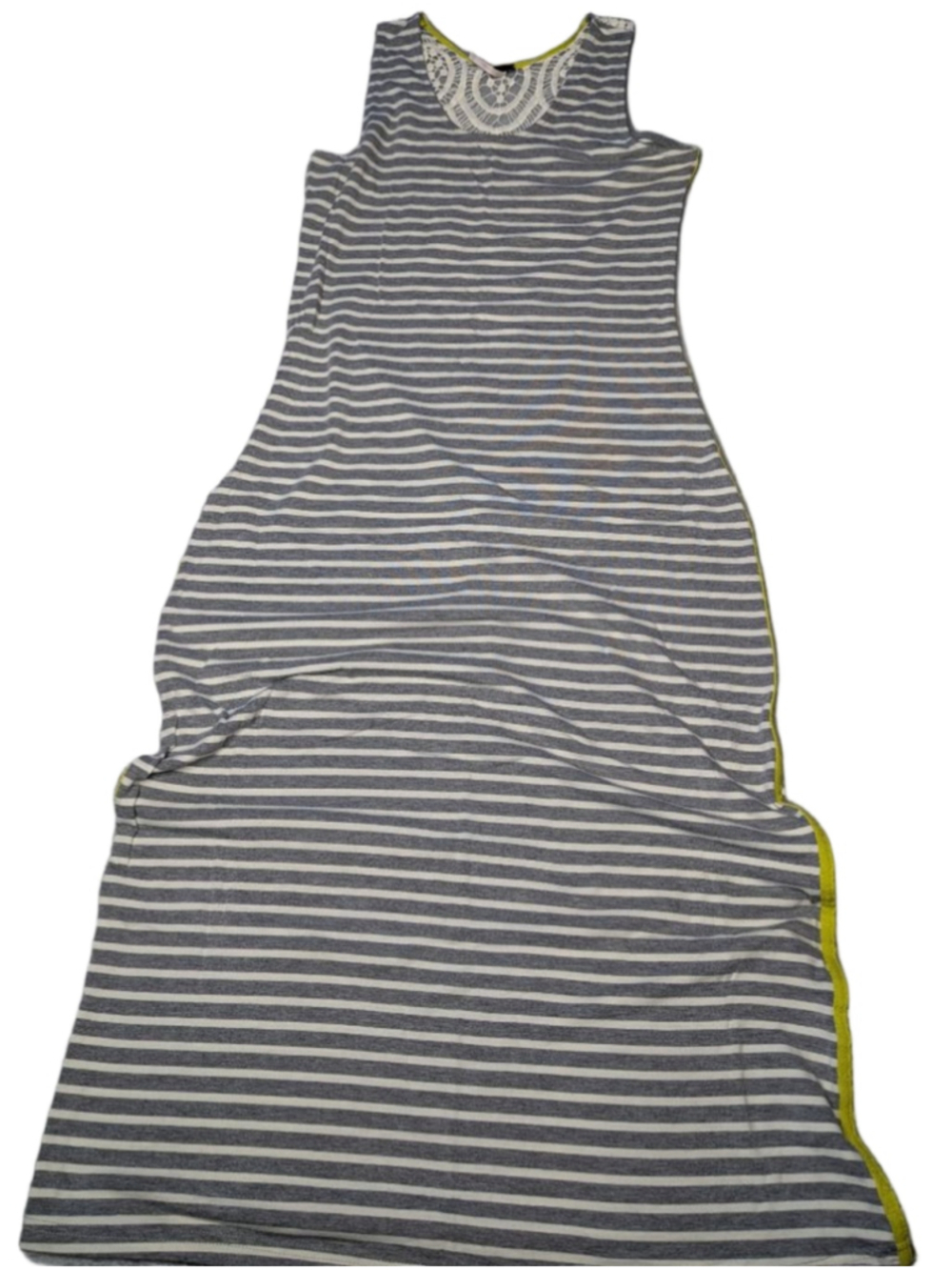 Women's Poof Striped Maxi Dress with Lace Detail, L, Gray/White